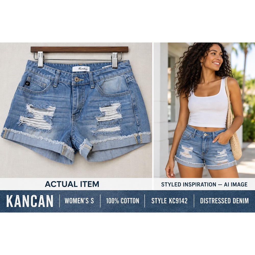 KanCan Distressed Denim Cutoff Shorts Light Wash Cuffed Small Shredded